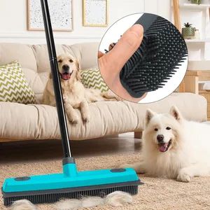 Pet Hair Removal Broom Carpet Rake Rubber Broom with Squeegee Rug Rake to Fluff Carpet - Image 2