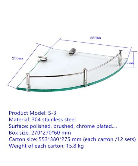 Wall Shelves 304SS Tempered Glass Chrome Single Bar 235x235x120mm 1Y ISO9001 SGS MOQ100 - Image 6