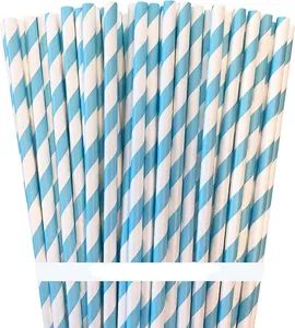 Light Blue White Biodegradable Striped Paper Straws Paper Drinking Straws for Party - Image 1