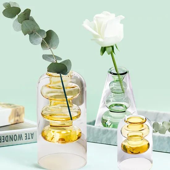 Double Wall Galss Flower Pot with Color Inner Creative Glass Vase - Image 2