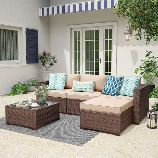 All Weather 5PCS Poolside Outdoor Garden Rattan Wicker Furniture Set Sofa - Image 1