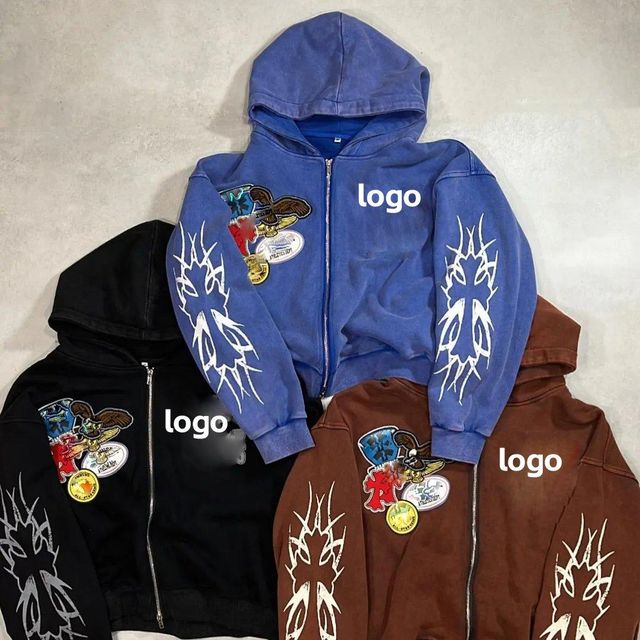 Wholesale Cotton French Terry Dtg Screen Print Washed Zip up Hoodies - Image 3