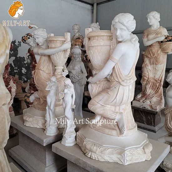 Detailed Carving Large Outdoor Marble Figure Planters for Sale - Image 1