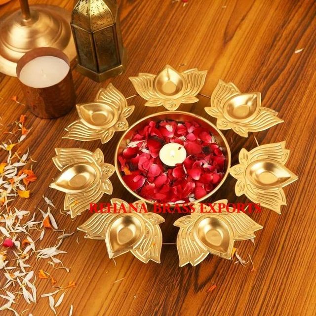 Brass Lotus Urli Shape Round Color Golden Diameter 14 INCH Depth 2 To 3 inch Design Lotus Shape Material Mild Steel Finish Antique - Image 8