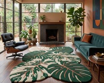 Modern Monstera Leaf Shaped Hand Tufted Wool Rug, Botanical Area Rug, Tropical Handmade Carpet, Premium Cut Pile Living Room Decor - Image 1