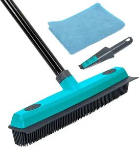 Pet Hair Removal Broom Carpet Rake Rubber Broom with Squeegee Rug Rake to Fluff Carpet - Image 1