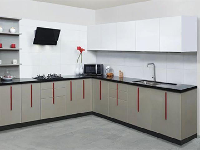 MDF and PVC Modern L Shape Modular Kitchen Colour Yellow Appearance Modern Material MDF and PVC Finish type Polished Door Finishing - Image 2