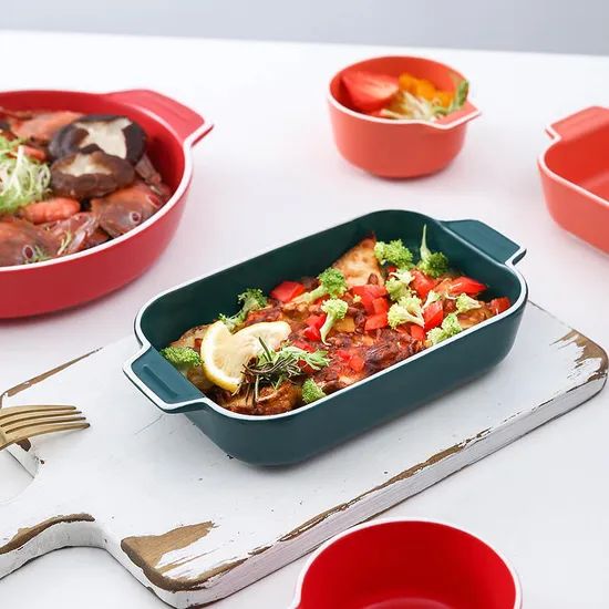 Rectangular Bakeware Set Porcelain Baking Dishes Ceramic Bakeware Plates Baking Round Bowl for Kitchen Custom Green Color - Image 2