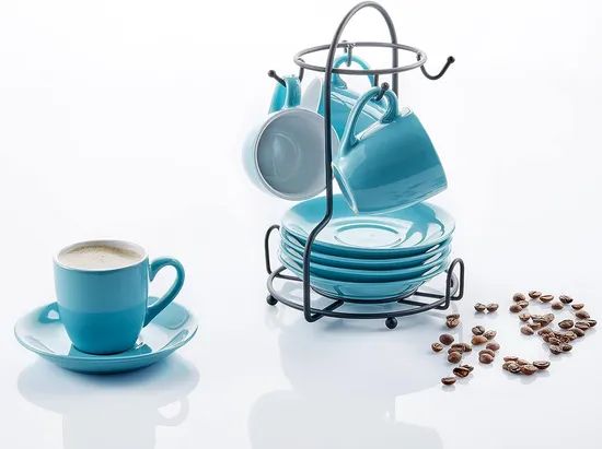 Blue White Ceramic Espresso Coffee Tea Cups & Saucers Set W/ Storing Rack - Image 4