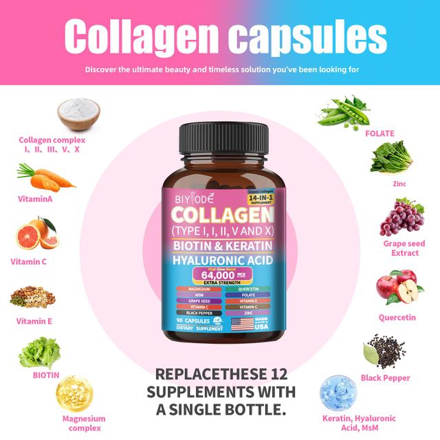 collagen capsules biotin keratin hyaluronic acid zinc black pepper vitamin a c e grape seed folate quercetin magnesium 14 in 1 whitening reduce aging skin hair nail joint health digestion support   - Image 5