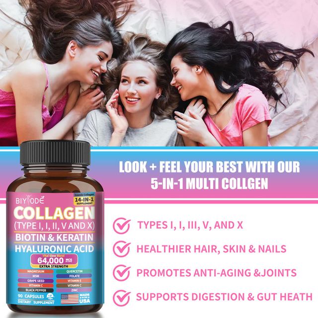 collagen capsules biotin keratin hyaluronic acid zinc black pepper vitamin a c e grape seed folate quercetin magnesium 14 in 1 whitening reduce aging skin hair nail joint health digestion support   - Image 3