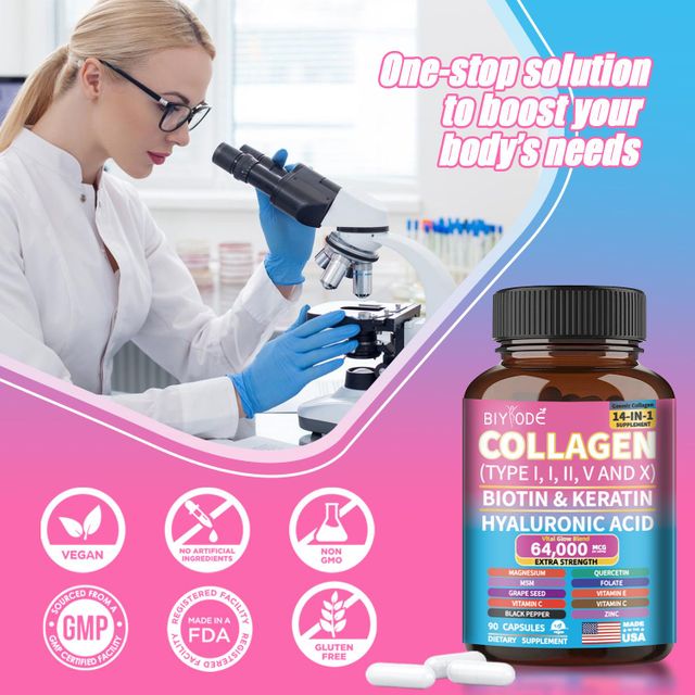 collagen capsules biotin keratin hyaluronic acid zinc black pepper vitamin a c e grape seed folate quercetin magnesium 14 in 1 whitening reduce aging skin hair nail joint health digestion support   - Image 4
